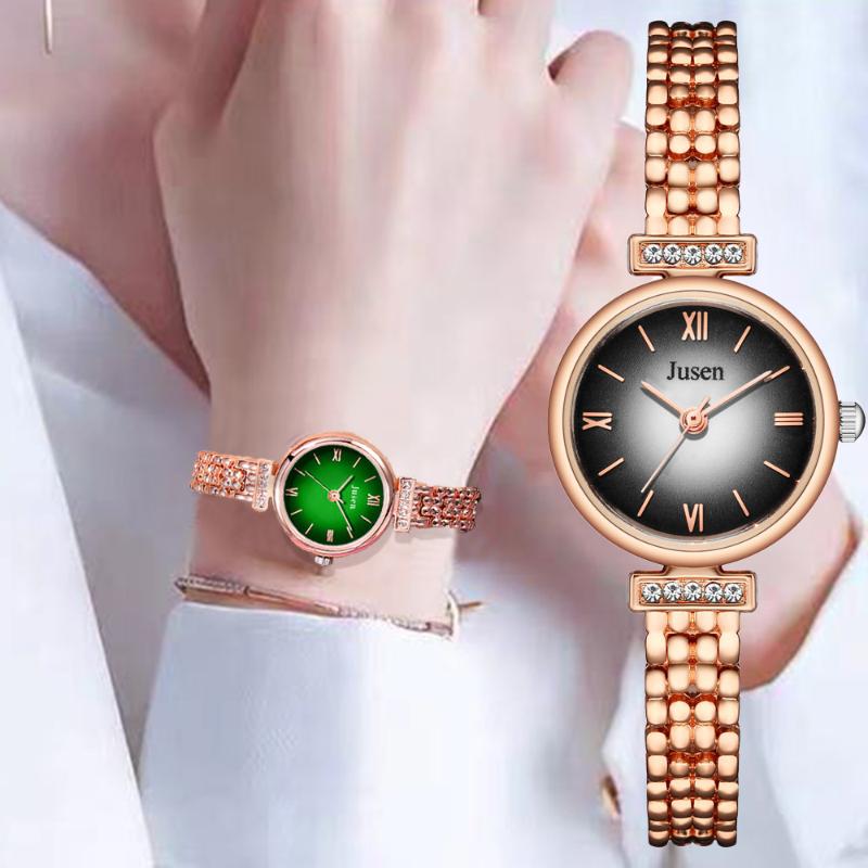 

Wristwatches Luxury Fashion Roman Design Women Watches Stainless Steel Bracelet Strap Ladies Quartz Minimalist Female Clock, Rose gold green