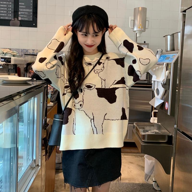 

Women's Sweaters 2022 Vintage Casual Loose Lazy Cow Print Sweater Women Japanese Kawaii Cute Korean Harajuku Ulzzang Clothing For Female, White