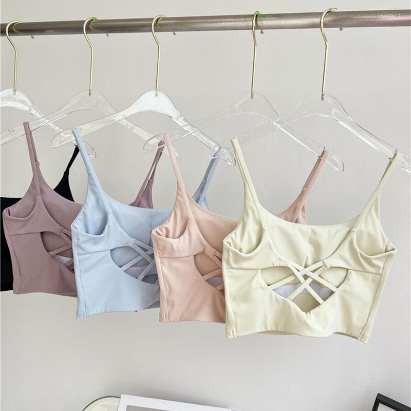 

Yoga Outfit Sexy Criss Cross Back Padded Strappy Sports Bras Women Push Up Bra Top Crop Workout Fitness Vest, Yellow