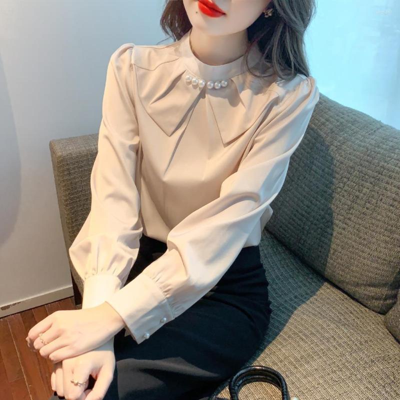 

Women' Blouses Autumn 2022 Lotus Collar Workwear OL Shirt Elegant Fashion Beaded Satin Chiffon Blouse Long Sleeve Women Top, Ph