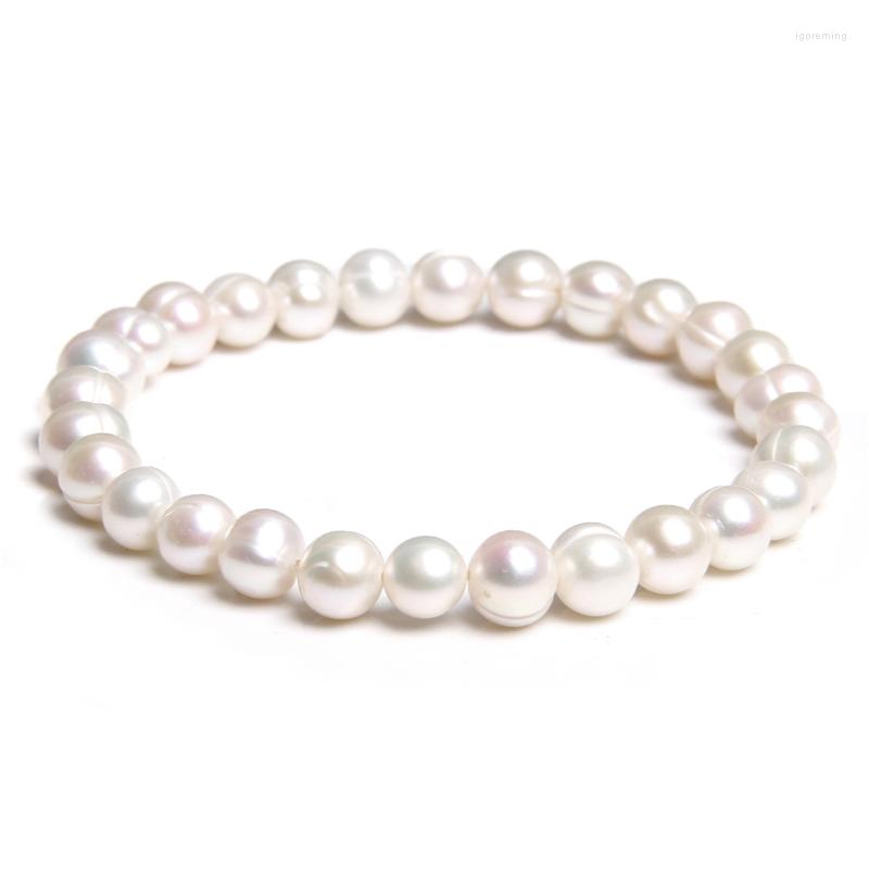 

Strand Round Pearls Beaded Bangles Simple For Men Women 7-8 Natural Genuine Pearl Elastic Bracelet Freshwater Baroque White Gift