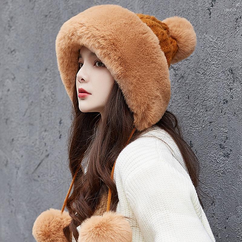 

Berets Outdoor Earflap Winter Hat Wool Knitted Snow Ski Cap Fleece Bomber Trapper Women Ushanka Faux Fur Pompom Russian Cossack, White