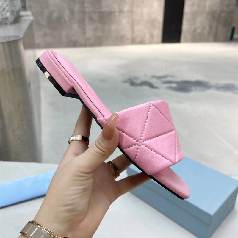 

Designer New Women's Slippers Square Flat Sandals Summer Leather Flats Comfort Shoes Walking Shoes Seaside Flip-Flops 35-43 With Box, Shoebox