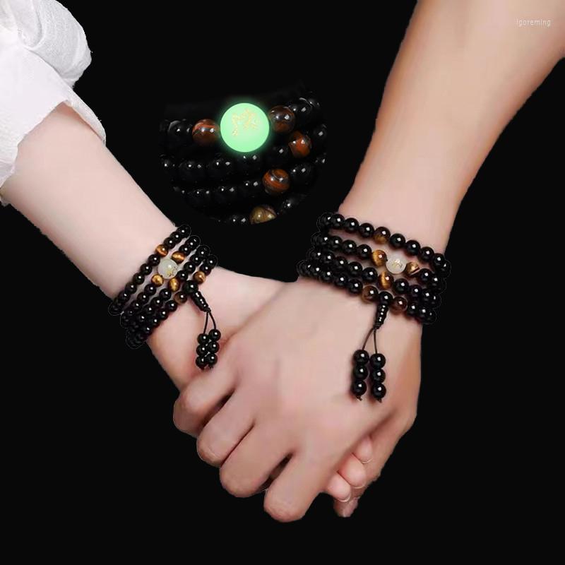 

Charm Bracelets 6/8mm Luminous Bracelet For Lovers Black Natural Stone Onyx Beads Men Women Couple Yoga Buddha Jewelry