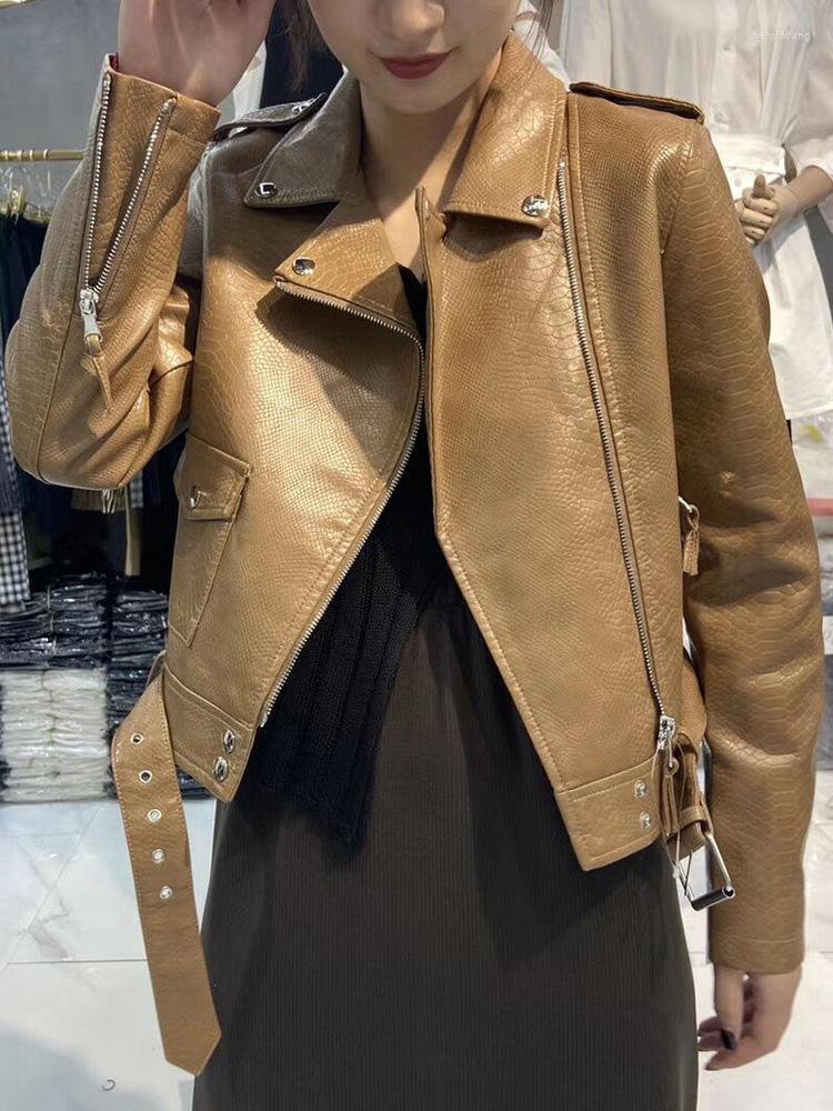 

Women' Leather Ailegogo Spring Autumn Women Slim Fit Pu Faux Short Jacket With Belt Streetwear Female Moto Biker Coat Chic Outwear, Black