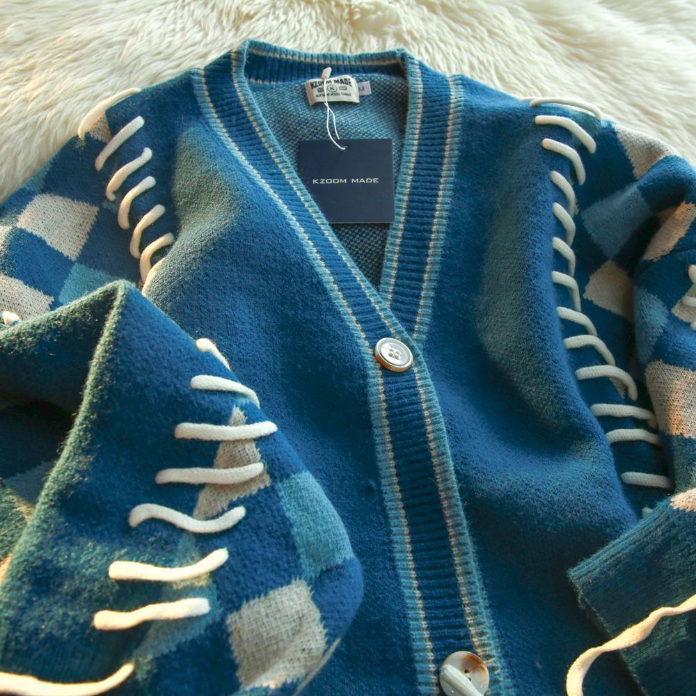 

Men's Sweaters Autumn Light Luxury Fashion Plaid Drawstring Tie Loose Cardigan Sweater Coat All match Boutique Clothing Simple Style 221207, Sky blue