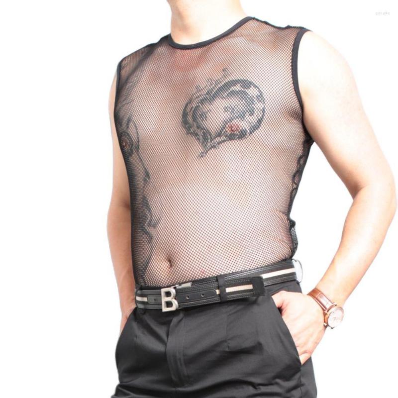 

Bras Sets Summer Sexy Transparent T-Shirt Round Collar Sleeveless Nylon Coarse Mesh Men's Tight Vest Fully See-Through Garment Tank, Black