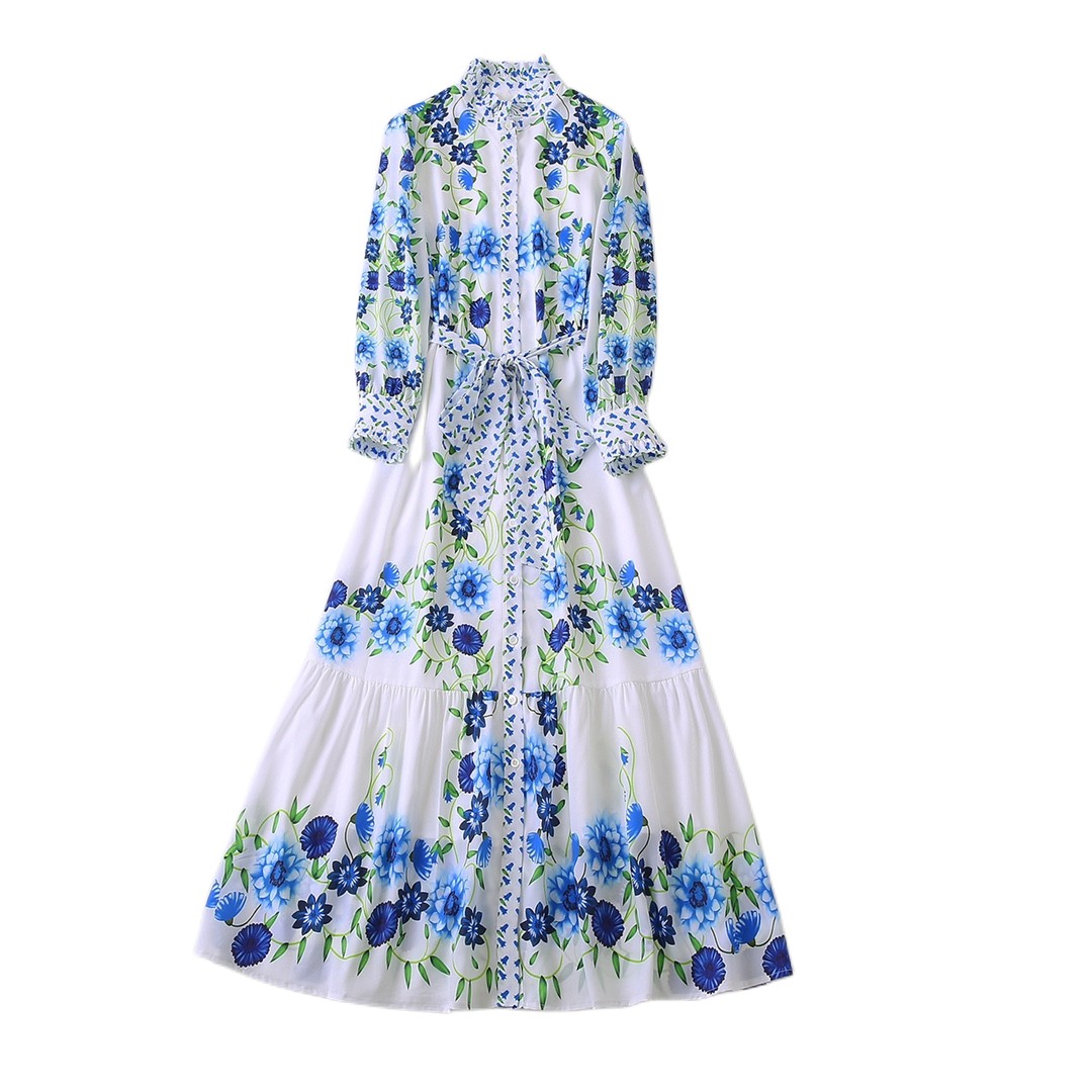 

New Light Luxury Wooden Ear Edge Stand Neck Front Nail Button Loose Print Waist Long Dress, Customize