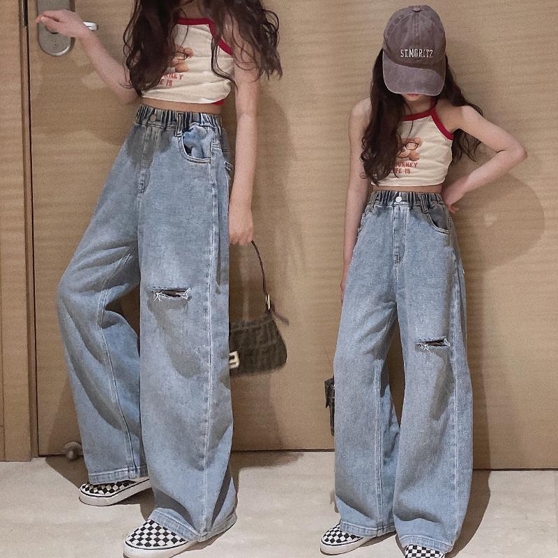 

Trousers Girls Jeans Korean Version Ripped Casual Fashion Western Style Wide Leg Pants Spring Autumn Children 221207, Beige