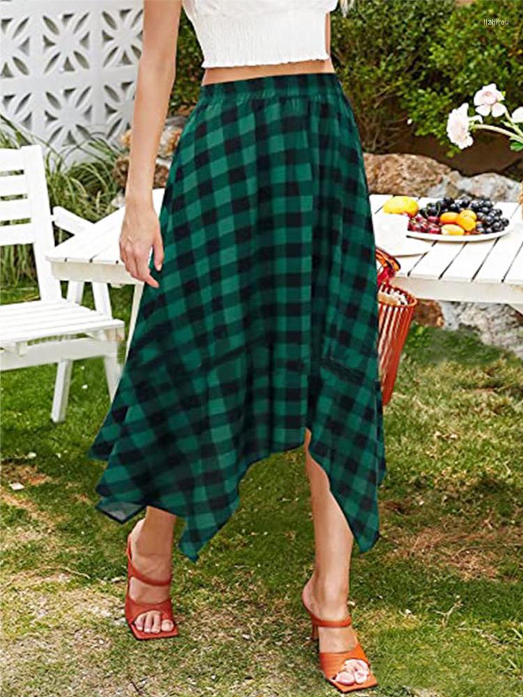

Skirts Plaid Irregular Midi 2000s Retro Elegant Lady High Waist Floral Printed Skirt Women Vintage Streetwear Beach Casual, Black