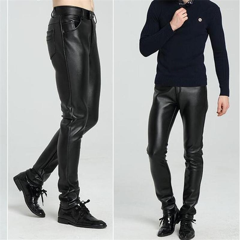 

Men's Pants Black Autumn Winter Fashion Slim Men's Faux Leather Motorcycle Men Trousers Thicken Windproof For Velvet