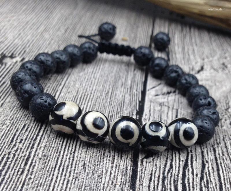 

Strand YA2704 DZI 10mm Stone Beads Black 8mm Lava Weaving Cord Bracelet Adjustable