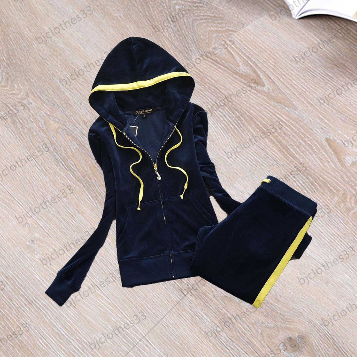 

Juicy Tracksuit Fashion Womens Two Piece Pant Velvet Fabric Zipper Flap Hooded Drawstring Regular Jacket Tops Side Contrast Color Ribbon Casual Pants Women Clothes, 18