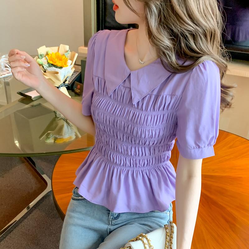 

Women' Blouses & Shirts Butemoda Women Summer Ruffles Short Sleeve Blouse Elastic Waist Chiffon Solid Color Tops, Purple