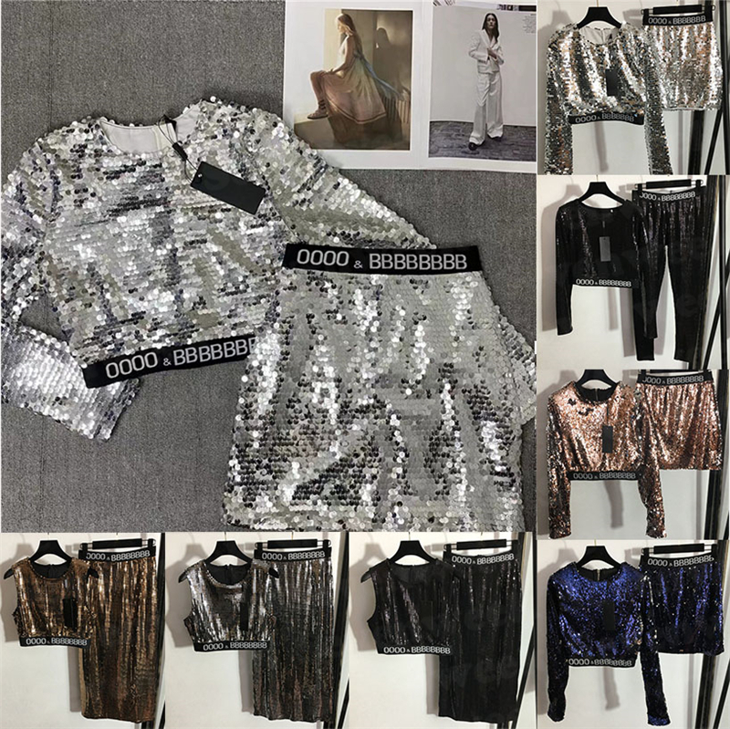

Shiny Sequins T Shirts Tops Dress Suits For Women Designer Letter Webbing Tees Elastic Tights Nightclub Party Two Piece, P1