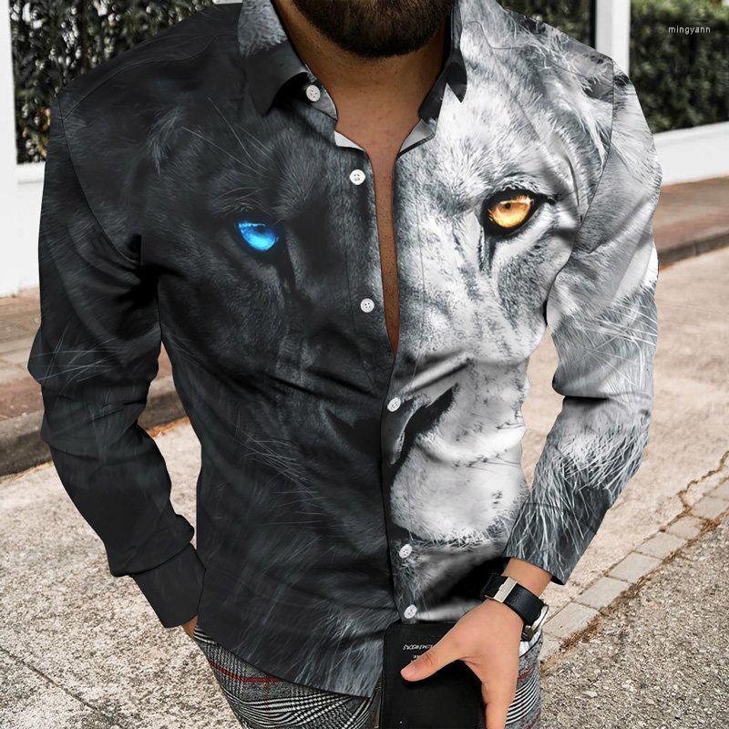

Men' Casual Shirts Fashion Men Shirt Turn-down Collar Black And White Lion Print Long Sleeve Tops Mens Clothing Streetwear Cardigan, Cx125
