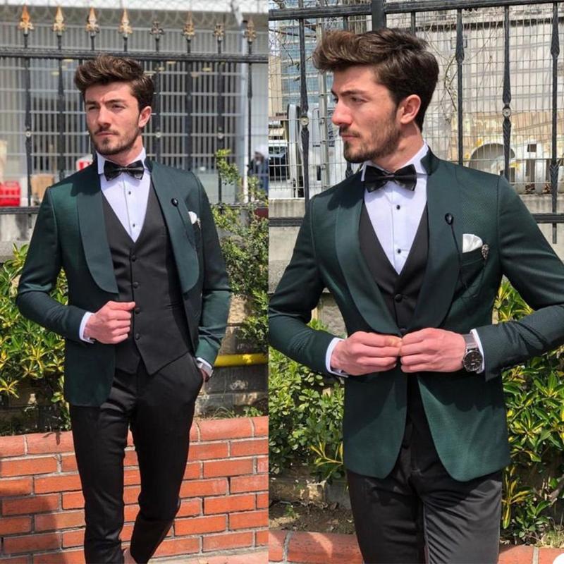 

Men's Suits Handsome Casual Men Tuxedos Custom Made Shawl Lapel One Button Pocket Formal Gentlemen Party Prom 3 Pieces Set, Black