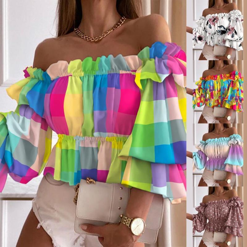 

Women' Blouses & Shirts Shirt Flounce Off Shoulder Summer Ruffles Top Loose Hem Pleated Ladies Flare Sleeve For Stage Show, Pink