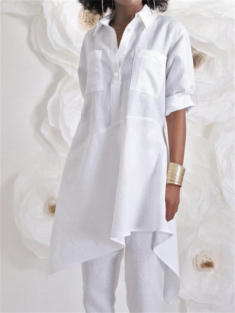 

Women' Blouses Celmia Casual Loose Button Blusas Women Asymmetrical Long 2022 Spring Sleeve Shirt Ladies Leisure Tops Tunic Femme, White