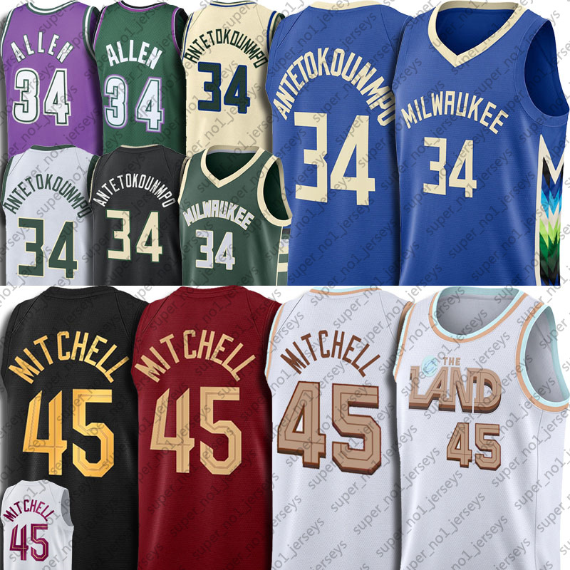 

Clevelands Cavalier basketball jerseys Donovan Mitchell Evan Mobley 45 4 Milwaukees Buck basketball jerseys Giannis Antetokounmpo Ray Allen zxcb, Choose blue number