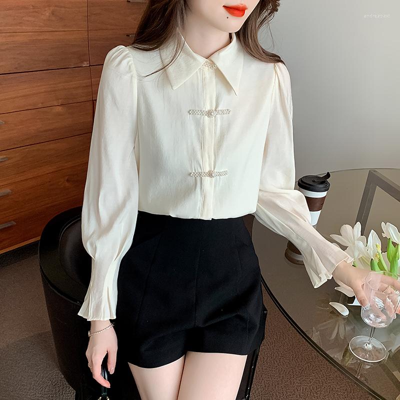 

Women' Blouses Slim Fit Shirt For Women Summer 2022 In Solids Long Sleeve Fashion Top Chinese Style Turn-down Collar Casual, Beige