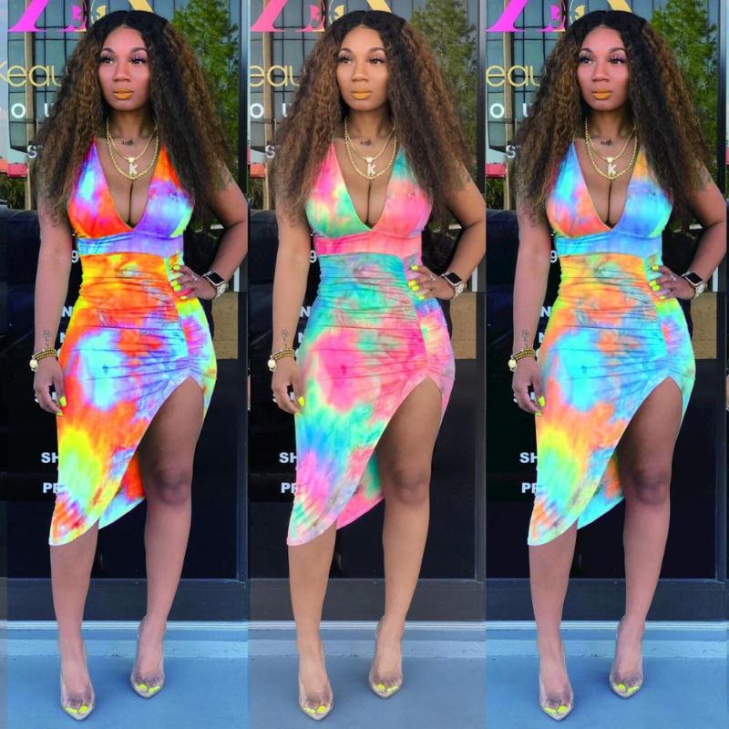 

Casual Dresses BKLD Backless Lace Up Bodycon Dress Tie Dye Side Slit Women V-neck Strap Sleeveless Party Sexy Summer Print Sundress, 02