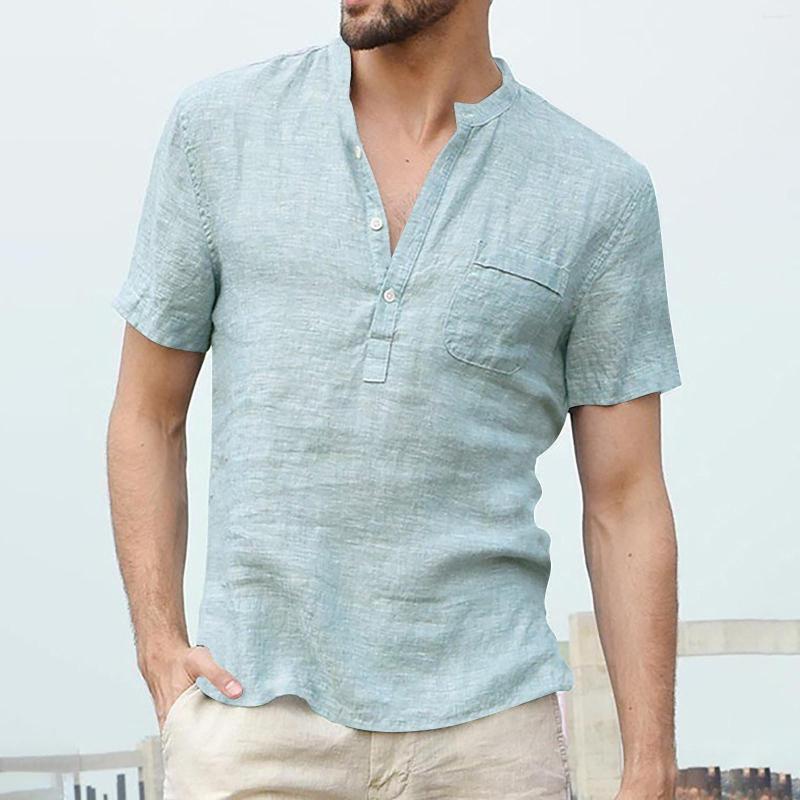 

Men's Casual Shirts Summer Men's Cotton Linen Solid Colors Short Sleeve Button Shirt Breathable Loose Stand Collar Blouse Camisa, Beige