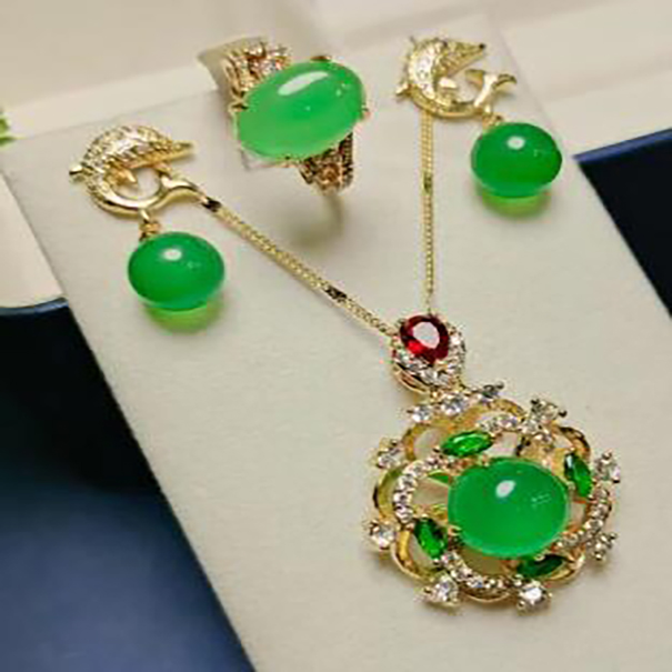 

Green Jade Jewelry Women Bead Pendant Necklace Earring Ring Jewellery Set