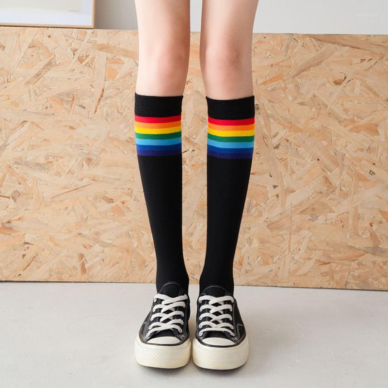 

Women Socks Stretchable Elasticity Casual Sports Rainbow Stripes Stockings Girl Cotton School Korea Long Sexy Thigh High Stocking