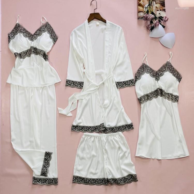 

Women's Sleepwear 5PCS Lace Satin Robe Gown Sets Womens Nighty Nightgown Strap Sleep Top&Pants Suit Sexy Chest Pads Bathrobe Nightdress, Gray - 5pcs
