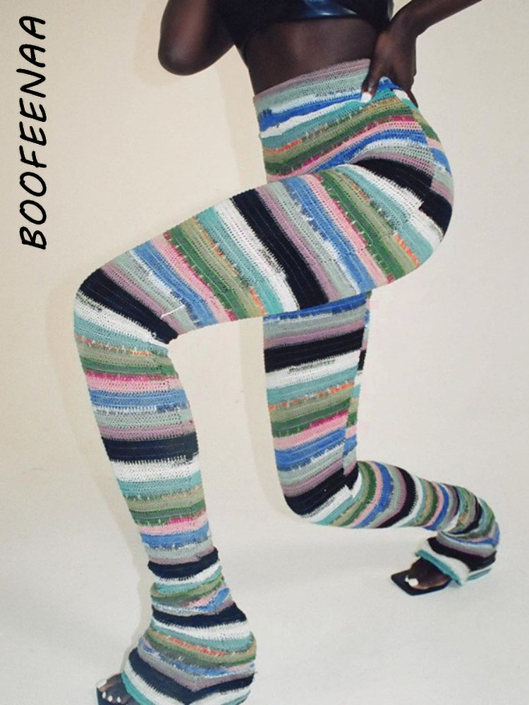 

Women's Pants Capris BOOFEENAA Colorful Striped Knitted Stacked Streetwear Women Hippie Clothes Fall Sexy Long Trousers C69-CB22 221207, Multicolor 2