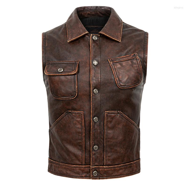 

Men' Vests Vintage Worn Leather Coat Genuine Jacket Men' Slim Short Vest Heavy Motorcycle Lapel, Auburn