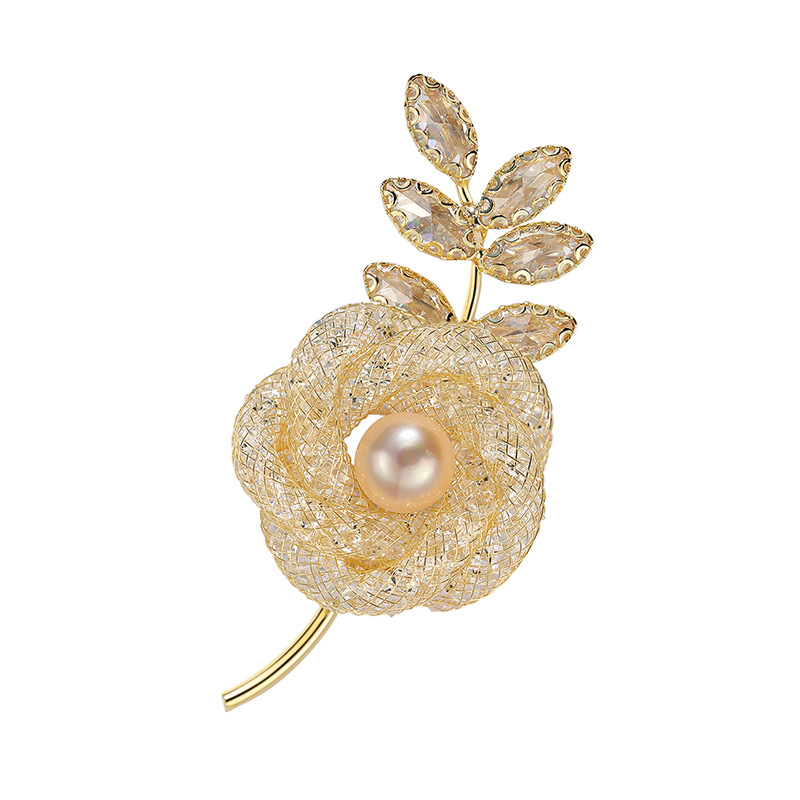 

Luxury Designer Pearl Gold Rose Brooch For Women French Style Sweet Fashion Jewelry CZ Zirconia Leaf Flower Brooches Pin Female