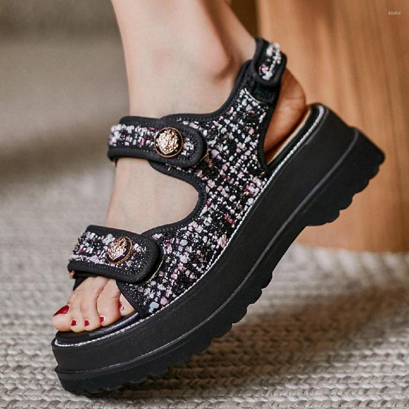 

Dress Shoes Women's Genuine Leather Bordered Plaid Fabric Patchwork Hook&loop Thick Sole Platform Flats Sandals Open Toe Summer, Black