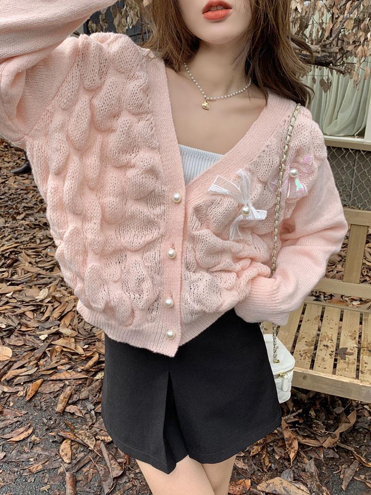 

Women's Knits KIMOKOKM Girl Next Door Fashion Lazy Style Sweet Cardigan Three-dimensional Bow Design Kawaii Elegant Pink Knitting Sweater, Sky blue