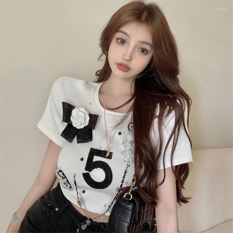

Women's T Shirts O-Neck Short Sleeve Chain Pearl Three-dimensional Flower Tshirts Women Summer Loose Retro Graphic Harajuku Cropped Tees Top, White tops