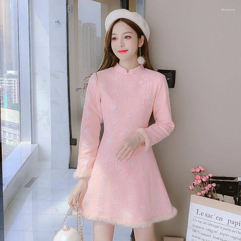 

Casual Dresses COIGARSAM Women One Piece Korean Dress Autumn 2022 Chinese Style Cheongsam Solid Woolen Long Sleeve Pink Apricot