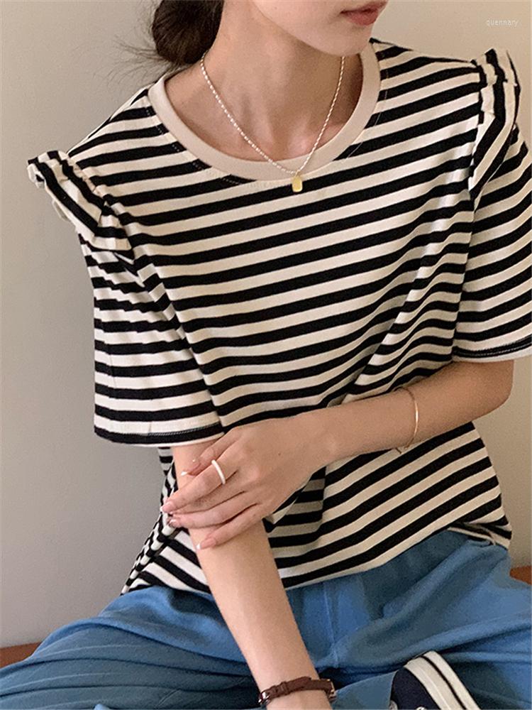

Women' T Shirts Summer Classic Striped Ruffles Women' T-Shirts Short Sleeve O-Neck Bottoming Casual Loose Chic Tops Female 2022, Black