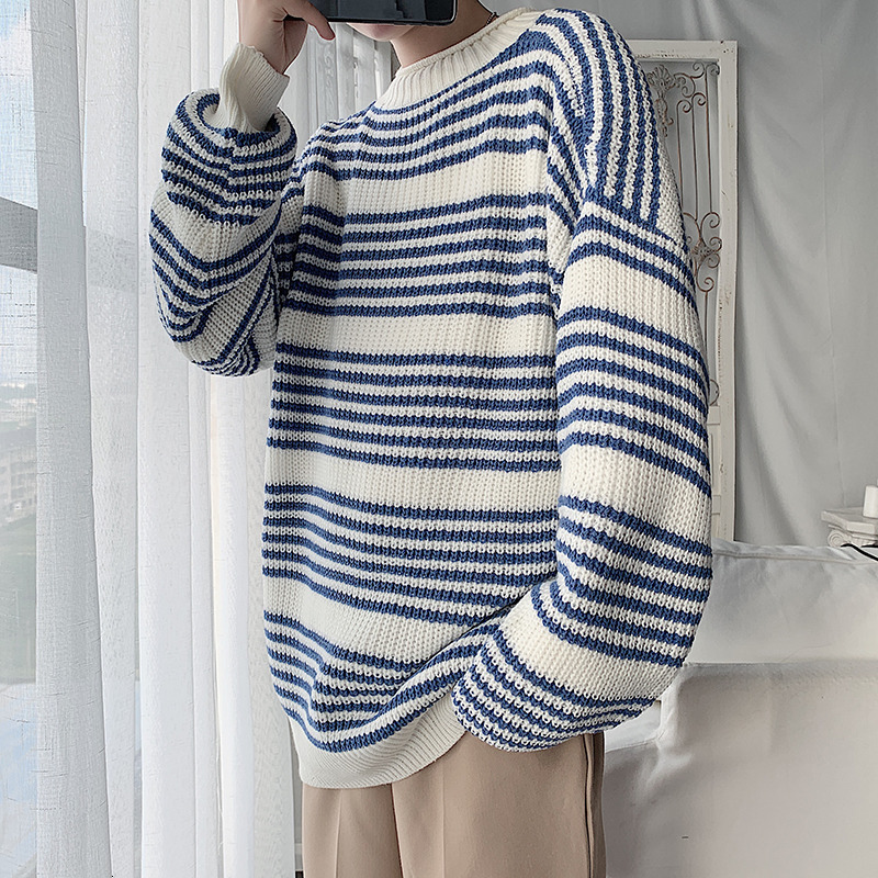 

Men's Sweaters Ropa Hombre Sueter Oversized Blue Striped Lazy Vintage Streetwear Pullover Knitted Harajuku Pull Homme 221207, White