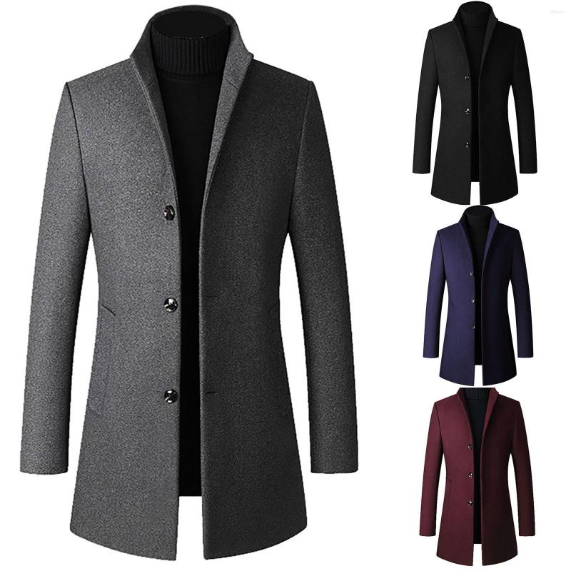 

Men's Vests Men Mid-length Slim-fit Woolen Coat With Stand-collar Solid Color Casual Jacket, Wine