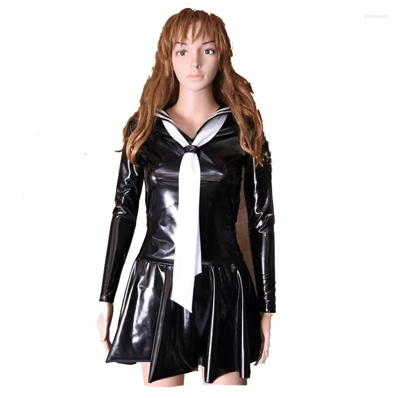 

Sexy Costumes Role Play School Uniforms Halloween Sailor Suit Woman PU Leather Cosplay Pleated Dress Japanese Style Collar Student Wear, Mirror black