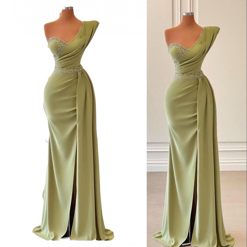 

2023 Lemon Green Evening Dresses Wear One Shoulder Sheath Sexy Side Split Satin Crystal Beads Women Dubai Formal Party Prom Dress Floor Length, Ivory