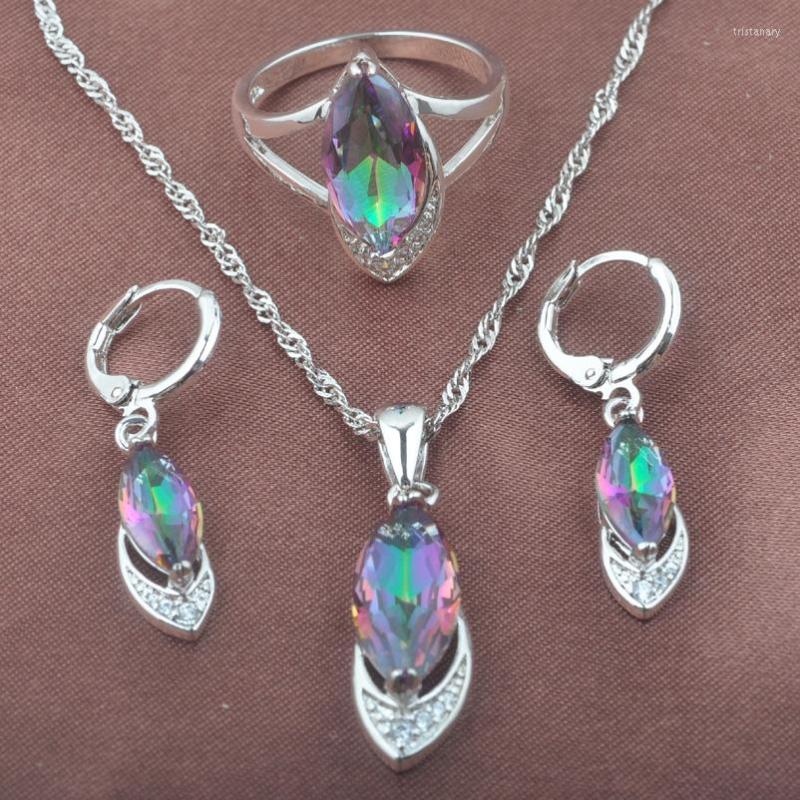 

Necklace Earrings Set Fancy Multicolor Rainbow Zirconia Jewelry For Women Weedding Silver Color TZ0584, Picture shown