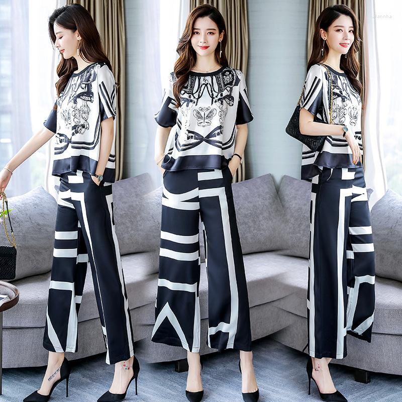 

Women' Tracksuits 2 Piece Blouses And Set 2022 Spring Summer Elastic Waist Chiffon Silk Print Wide Leg Pants Office Lady Pantsuit Plus Size, As pictures