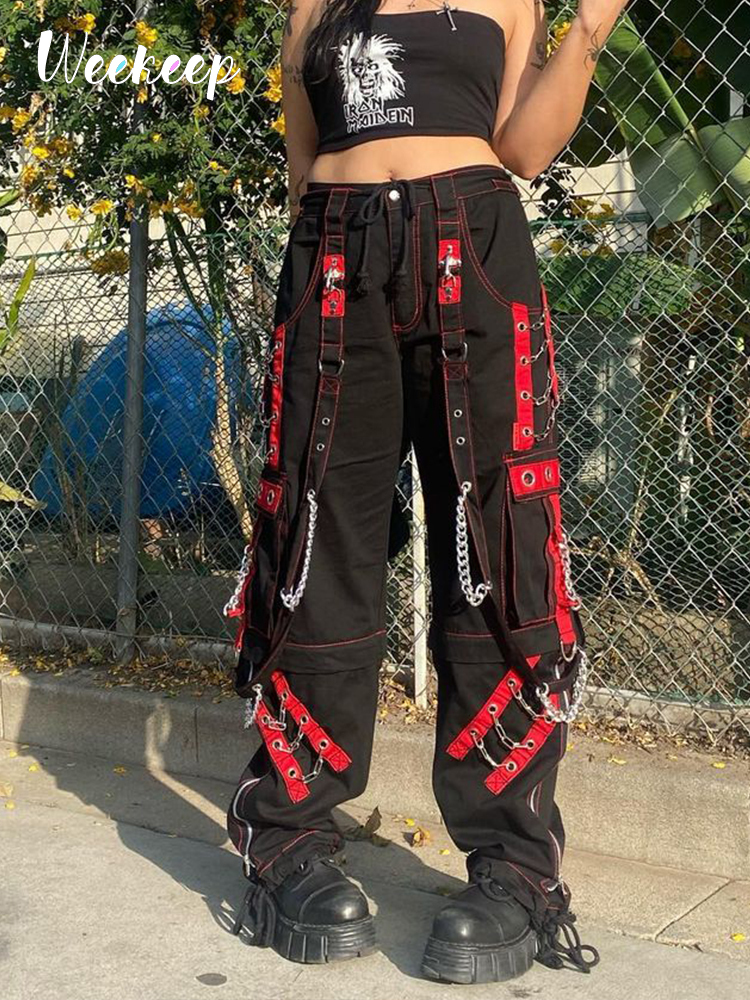 

Women' Pants Capris Weekeep Punk Wide Leg Streetwear Low Rise Baggy Gothic Cargo Korean Hip Hop Patchwork Casual Trousers Women Harajuku 221207, Black and red