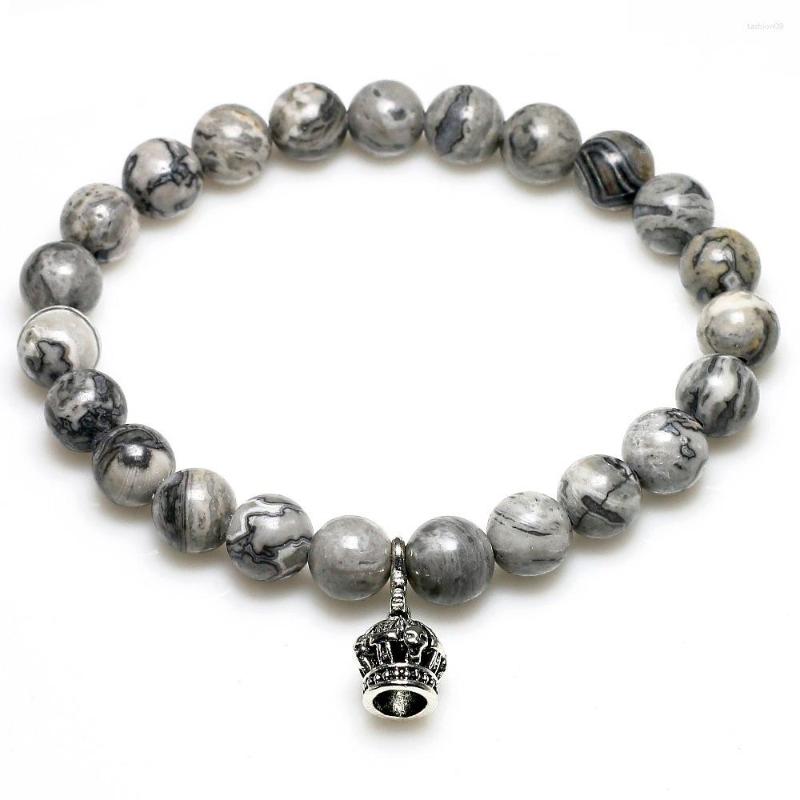 

Strand 1pcs Design Women Fashion Crown Bracelet 8mm Grey Map Stone Beaded Men Jewelry