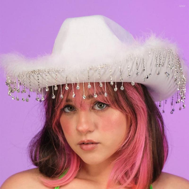 

Berets Women Cowboy Hat Wide Brim Visual Effect Dress Up Rhinestone Tassel Cowgirl For Party, White