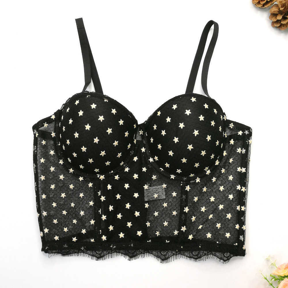 

Five Pointed Star Embroidery Sling Wrap Chest Lace Perspective Sexy Bra with Steel Ring Shaped Cartilage Waist Shirt, Black2