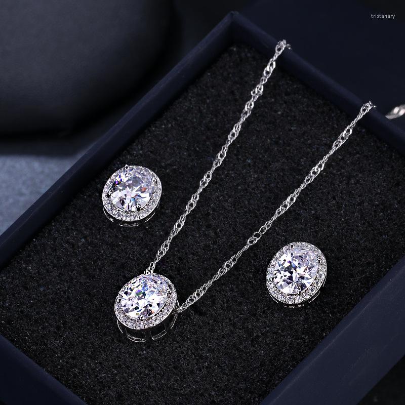 

Necklace Earrings Set Luxury Female Crystal Stud Jewelry Vintage Small Oval Zircon Stone Wedding, Picture shown