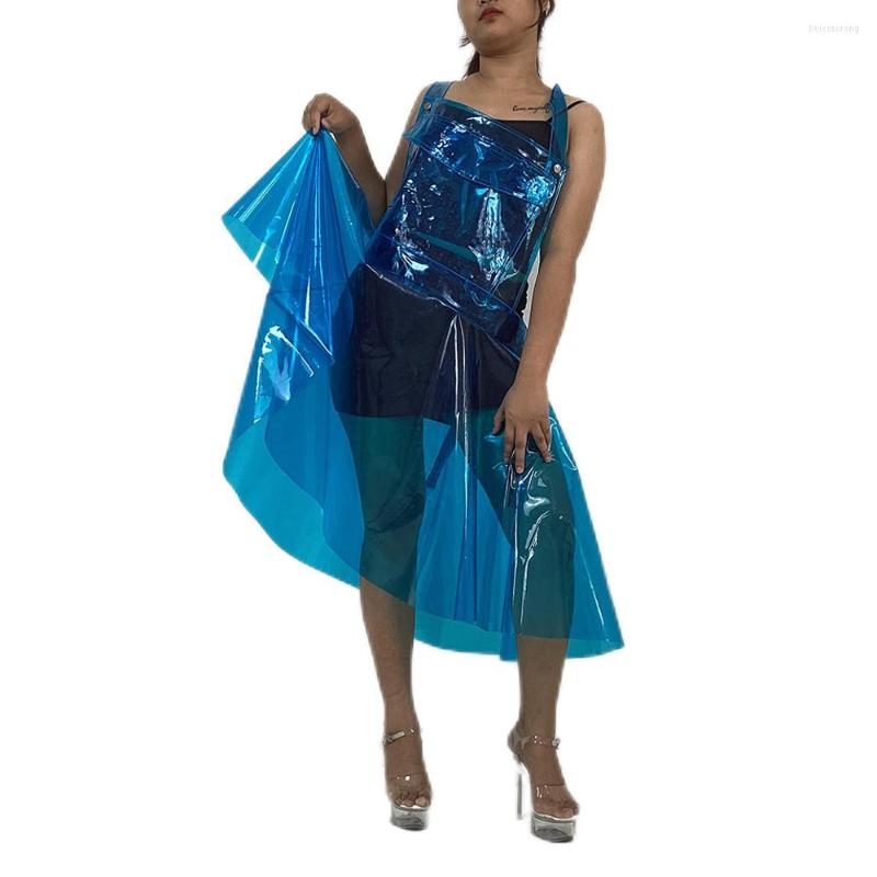 

Casual Dresses Summer Clear PVC Plastic Women Sexy Backless Dress Transparent Patent Leather Latex French Maid Mini Skater 7XL, Red